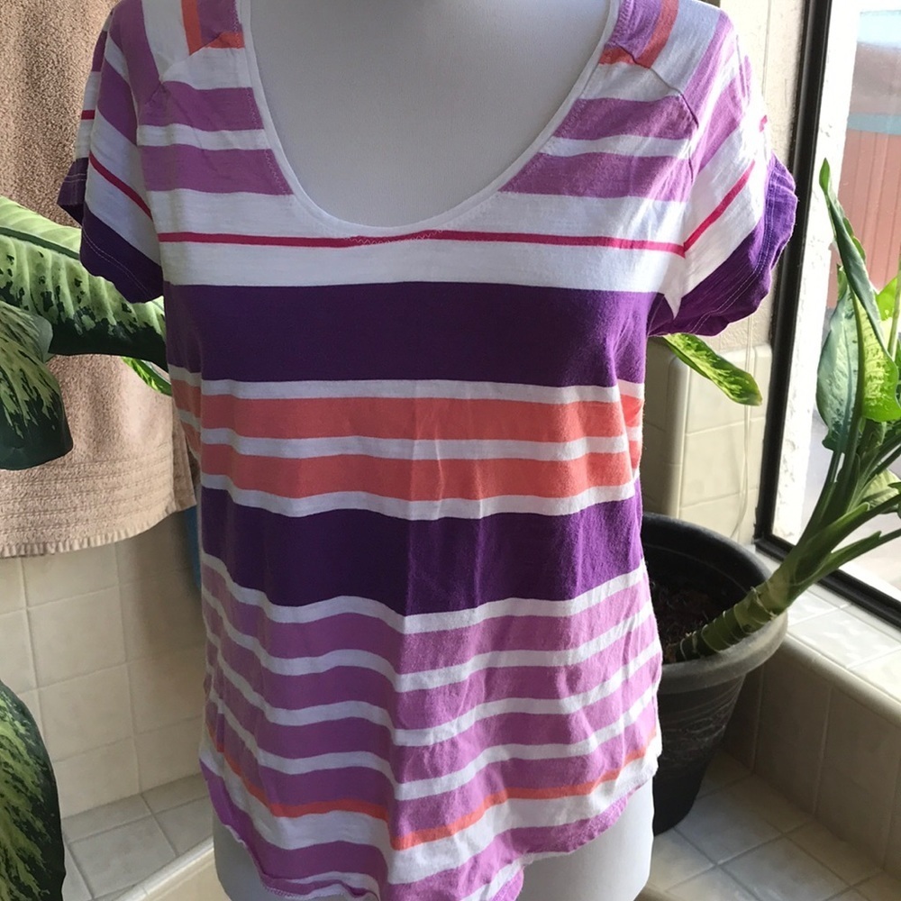 JCP White/purple/coral striped scoop neck tee